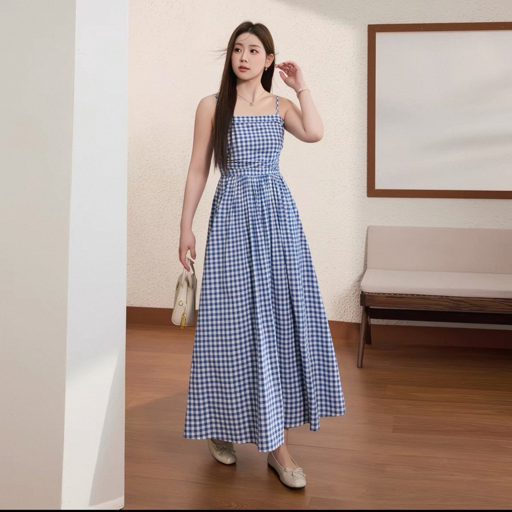 Blue and White Gingham Maxi Dress